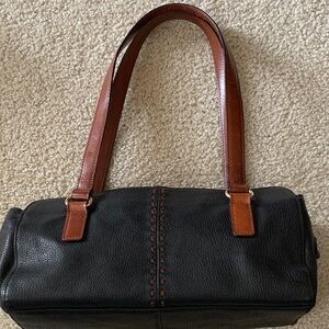 Fossil Vintage Slim Style Black & Brown Genuine Pebble Leather Shoulder Handbag